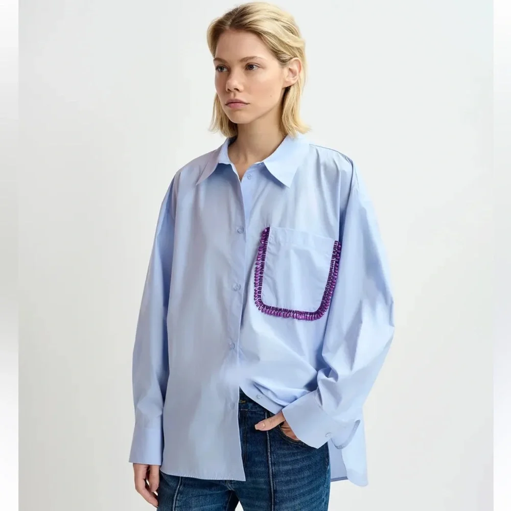Essentiel Antwerp Get Cotton Shirt with Beaded Embroidery - Picture 2 of 7
